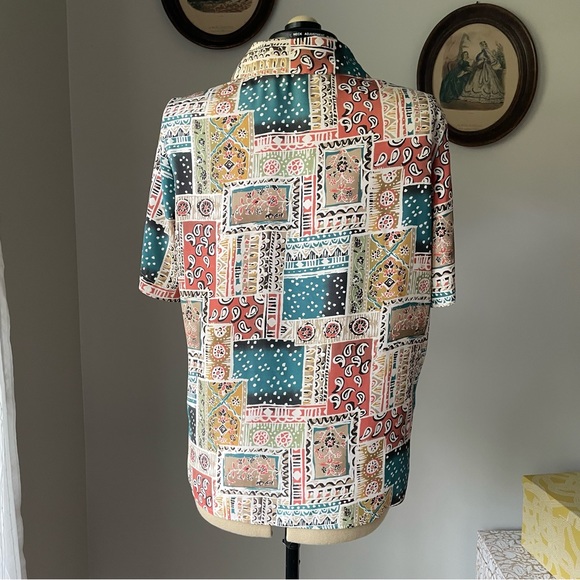 VINTAGE 1990s patchwork pattern button down blouse - Picture 7 of 11